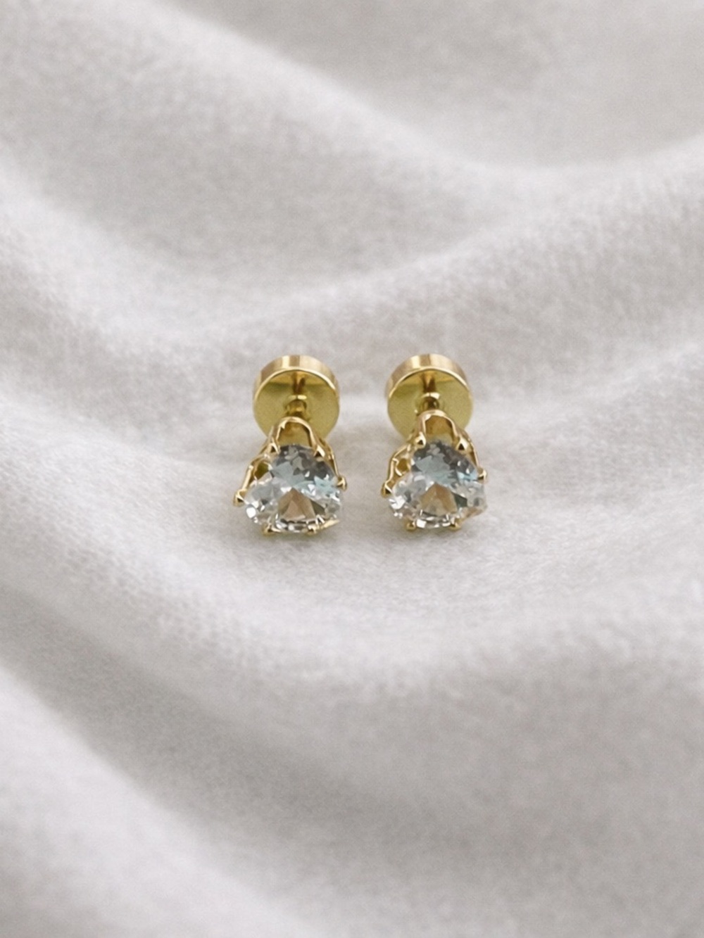 14k Gold plated stainless steel cubic zirconia heart stud screw back earrings - Picture 4 of 5
